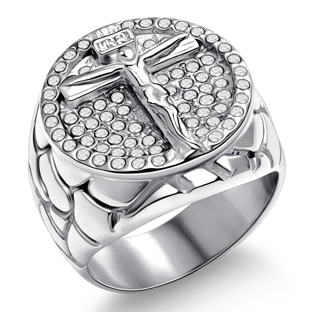 Men's Stainless Steel Crucifix Ring Cubic Zirconia Religious Classic Statement